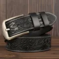 Men's embossed leather belt casual stylish cowhide jeans belt with antique metal buckle - 120cm / Black