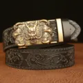 Men's automatic buckle leather belt with vintage dragon embossed design and metal claw buckle. - 110cm / Black Gold Clasp