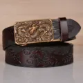 Men's luxury embossed dragon leather belt with golden automatic buckle for stylish jeans wear. - 110cm / Brown Antique Bronze Buckle