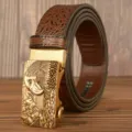 Men brown crocodile pattern leather belt with vintage golden eagle automatic metal buckle. - 120cm / Brown American Crocodile Square Eagle Head Gold Buckle