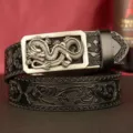 Men leather automatic buckle belt with embossed dragon design and stylish carved patterns - Black Silver Buckle / 110cm