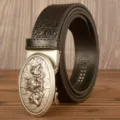 Men's Black Leather Belt with Vintage Wolf Head Automatic Buckle Crocodile Pattern Variant - 120cm / Black American Crocodile Three Wolf Heads Silver Buckle