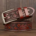 Men's vintage carved leather belt with floral embossed pattern and stylish metal buckle. - 120cm / Red Brown