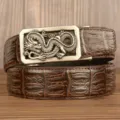 Men vintage automatic buckle leather belt with dragon motif and classic crocodile pattern. - Coffee Crocodile Pattern Square Coiled Dragon Silver Buckle / 120cm