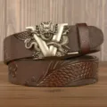 Men's leather belt with 3D dragon V buckle, embossed dragon scale cowhide belt for men variant. - Coffee V-Dragon Silver Buckle / 120cm