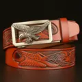 Men's brown leather belt, vintage eagle embossed automatic buckle casual jeans belt accessory - Khaki Eagle Pattern Silver Buckle / 120cm