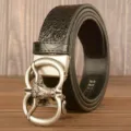Men's retro crocodile leather belt with alloy bull head automatic buckle for casual wear. - 120cm / Black American Crocodile Silver Buckle