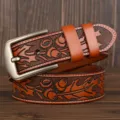 Men's cowhide embossed casual leather belt with vintage metal buckle for jeans and daily wear. - 120cm / Orange