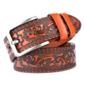 Men's vintage embossed cowhide leather belt with metal buckle for casual jeans fashion main - 105cm / Orange