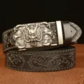 Men's retro leather belt with carved dragon claw automatic buckle, stylish and cool accessory. - 110cm / Black Silver Clasp