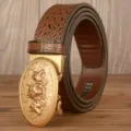Men's leather belt with crocodile pattern and gold automatic wolf head metal buckle. - 120cm / Brown American Crocodile Three Wolf Heads Gold Buckle
