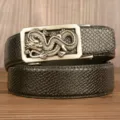 Men's retro dragon buckle automatic leather belt with crocodile pattern fashion business casual accessory. - Black Snakeskin Pattern Square Coiled Dragon Silver Buckle / 120cm