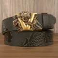 Men black leather belt with golden dragon V buckle carved luxury western style casual - Black V-Dragon Gold Buckle / 120cm