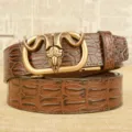 Men vintage crocodile pattern leather belt with creative ram skull automatic buckle. - 110cm / Brown American Crocodile Gold Buckle