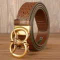 Men's retro crocodile pattern leather belt with unique bull head automatic buckle for jeans. - 120cm / Coffee American Crocodile Gold Buckle