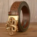 Men's leather belt with crocodile pattern texture and a unique metallic 3D cobra snake buckle. - 120cm / Coffee (Gold Snake Buckle)