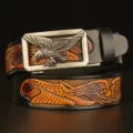 Men's leather belt with metal eagle automatic buckle and embossed eagle design black variant - Black Eagle Pattern Silver Buckle / 120cm