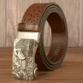 Men's brown crocodile pattern cowhide leather belt with retro eagle automatic metal buckle. - 120cm / Brown American Crocodile Square Eagle Head Silver Buckle