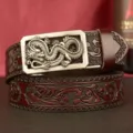 Men cowhide automatic buckle leather belt with embossed dragon buckle and retro scroll pattern. - Coffee Silver Buckle / 110cm
