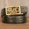Men's black crocodile pattern leather belt with gold dragon automatic buckle for business casual. - Black Crocodile Pattern Square Coiled Dragon Gold Buckle / 120cm