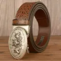 Men's brown crocodile pattern leather belt with vintage silver three wolf heads automatic buckle - 120cm / Brown American Crocodile Three Wolf Heads Silver Buckle