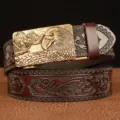 Men's leather automatic buckle belt with eagle head metal buckle and embossed pattern. - Brown Gold Buckle / 110cm