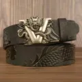 Men's automatic buckle leather belt with dragon carved metal V buckle luxury style dress belt - Black V-Dragon Silver Buckle / 120cm