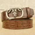Men's leather belt with stylish ram skull automatic metal buckle and crocodile pattern. - 110cm / Brown American Crocodile Silver Buckle