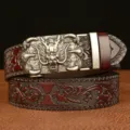 Men leather belt retro dragon claw automatic buckle casual embossed pants belt accessory - 110cm / Coffee With Silver Buckle