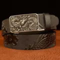 Men's automatic buckle leather belt with exquisite embossed dragon design for casual jeans. - 120cm / Black Dragon Pattern Silver Buckle