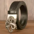 Men's black leather belt with stylish metal cobra snake buckle and crocodile pattern design. - 120cm / Black (Silver Snake Buckle)