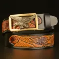 Men's leather belt with vintage eagle metal automatic buckle and embossed cowhide strap casual. - Black Eagle Pattern Gold Buckle / 120cm