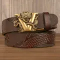 Men's leather belt with dragon embossed pattern and automatic gold buckle for daily wear. - Coffee V-Dragon Gold Buckle / 120cm