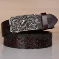 Men leather belt with metallic dragon buckle embossed strap casual jeans waist belt - 110cm / Brown Antique Silver Buckle