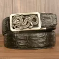 Men's leather belt with crocodile pattern texture and antique dragon automatic buckle accessory. - Black Crocodile Pattern Square Coiled Dragon Silver Buckle