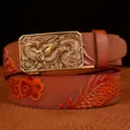 Men vintage dragon embossed leather belt stylish automatic buckle cowhide jeans accessory - 120cm / Khaki Dragon Pattern Gold Buckle