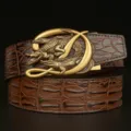 Men's brown crocodile pattern genuine leather belt featuring gold automatic buckle. - 120cm / Coffee American Alligator Dual Crocodile Bronze Buckle
