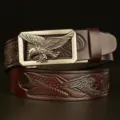 Men's leather belt with eagle automatic buckle and embossed vintage strap design for casual jeans. - Brown Eagle Pattern Silver Buckle