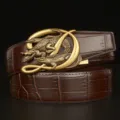 Men's brown genuine leather auto buckle belt with embossed crocodile pattern and gold buckle. - 120cm / Coffee Crocodile Belly Pattern Dual Crocodile Bronze Buckle