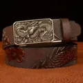 Men retro dragon embossed cowhide leather belt with automatic metal buckle casual style - 120cm / Brown Dragon Pattern Silver Buckle