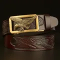 Men's leather belt with golden eagle automatic buckle and embossed strap design casual wear - Brown Eagle Pattern Gold Buckle