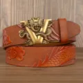 Men's leather belt with 3D dragon V buckle, vintage cowhide casual business trousers strap. - Khaki V-Dragon Gold Buckle
