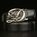 Black leather belt for men with automatic buckle, crocodile texture pattern, stylish metal. - 120cm / Black Crocodile Belly Pattern Dual Crocodile Silver Buckle