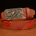 Men's retro embossed cowhide leather belt with dragon automatic buckle, red brown. - Khaki Dragon Pattern Silver Buckle