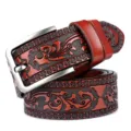 Men's embossed cowhide leather belt vintage floral carved strap stylish jeans accessory brown - 105cm / Red Brown