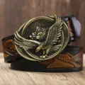Men's vintage genuine leather belt with metallic eagle buckle and carved strap design - Bronze Buckle Black Strap