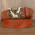 Men's leather belt automatic buckle 3D dragon embossed cowhide trouser belt ethnic style - Khaki V-Dragon Silver Buckle