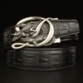 Men's Black Leather Belt Automatic Buckle Alligator Pattern Business Casual Waistband - Black French Crocodile Dual Crocodile Silver Buckle