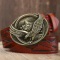 Men vintage leather belt with carved strap and retro metal eagle buckle main view - Bronze Buckle Orange Strap
