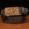 Men casual genuine leather belt with metallic embossed dragon automatic buckle in black finish. - Black Dragon Pattern Gold Buckle
